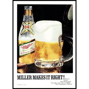 1970 Miller High Life Champagne of Beers Vintage Print Ad Bottle Mug Wall Art